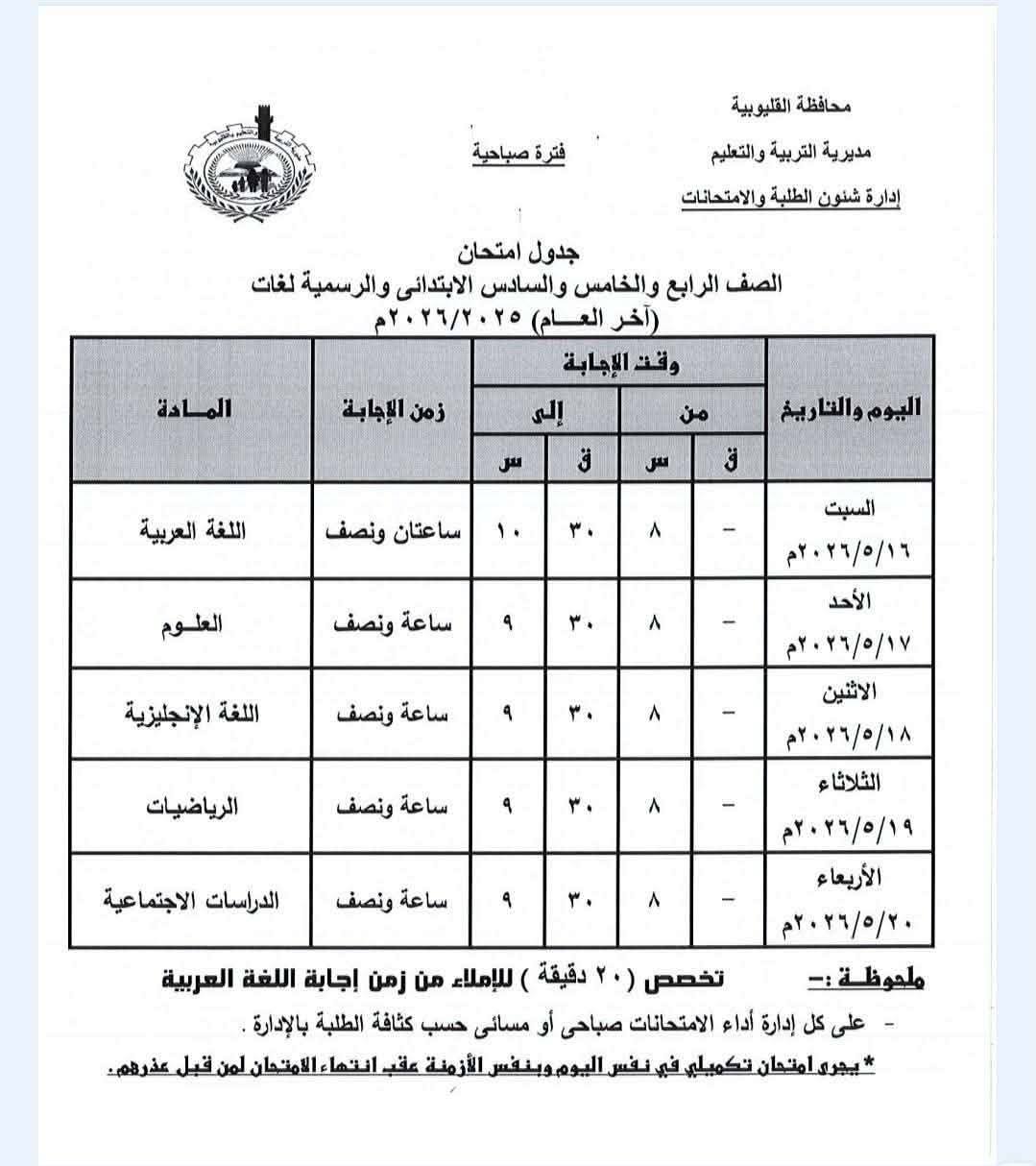جدول امتحانات الصف الرابع الابتدائي 2026 محافظة ال جدول امتحانات الصف الرابع الابتدائي 2026 محافظة ال